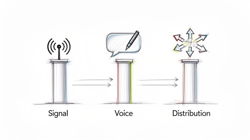 Diagram illustrating the journey from an initial signal through voice creation to wide distribution.
