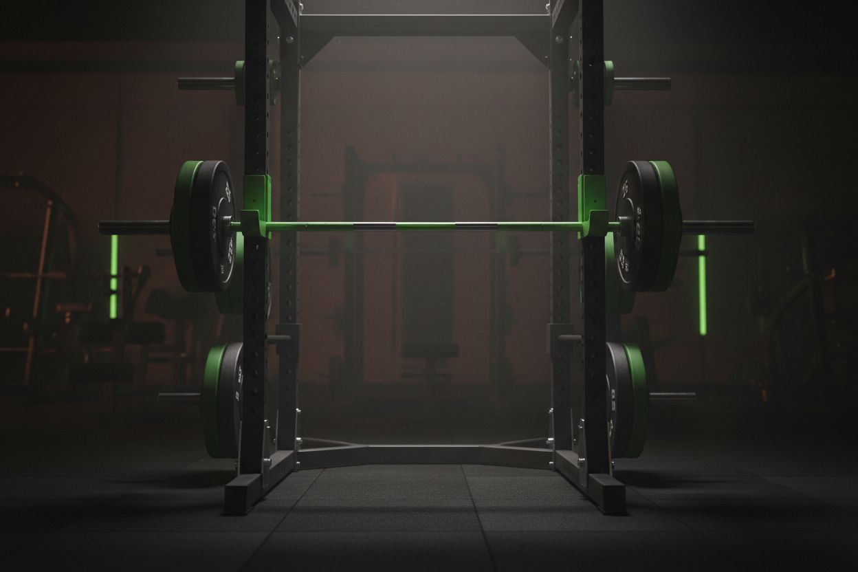 A squat rack with a loaded barbell