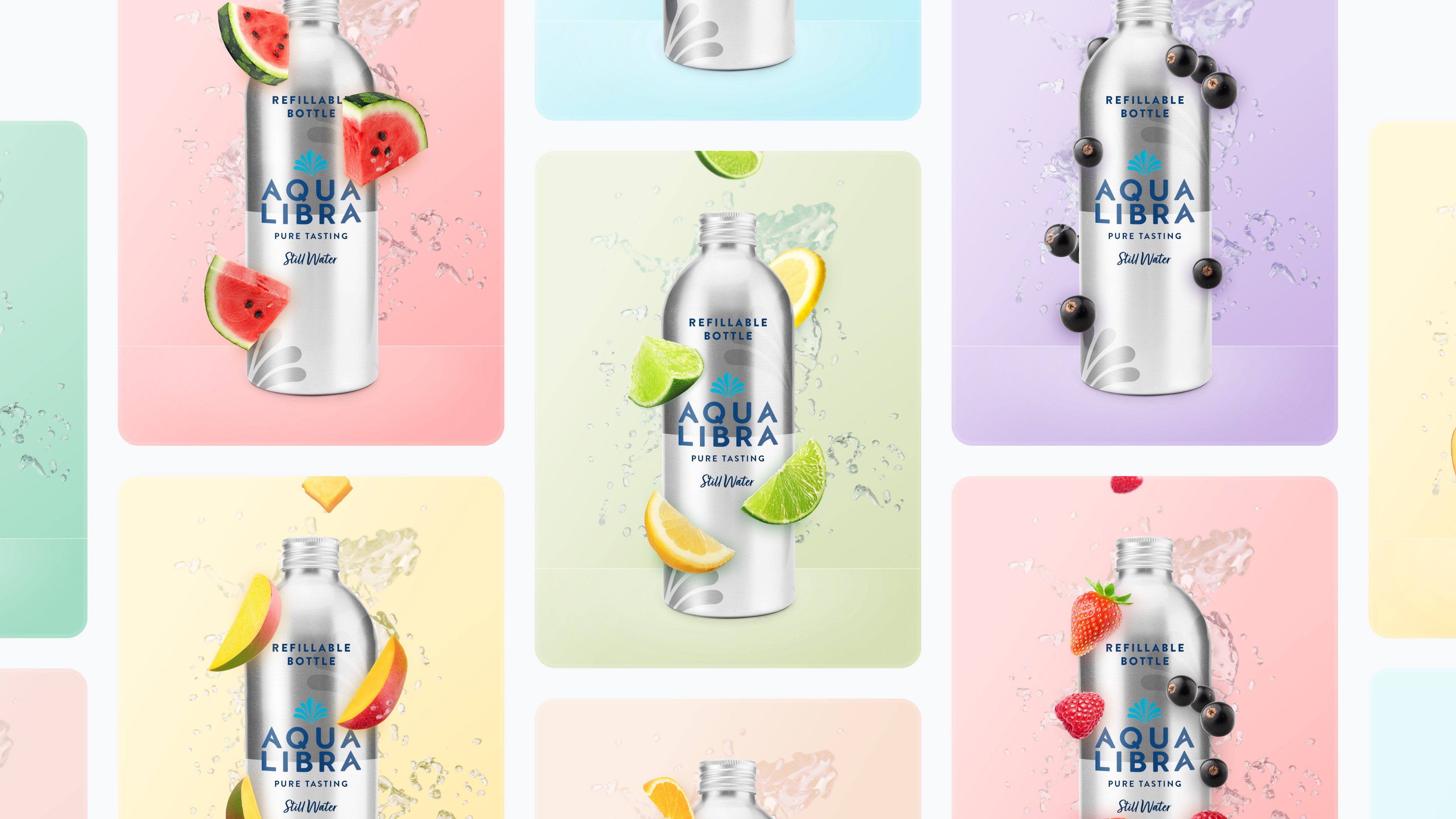Visual grid of Aqua Libra aluminium bottles with fruit-based flavour options on colourful backgrounds
