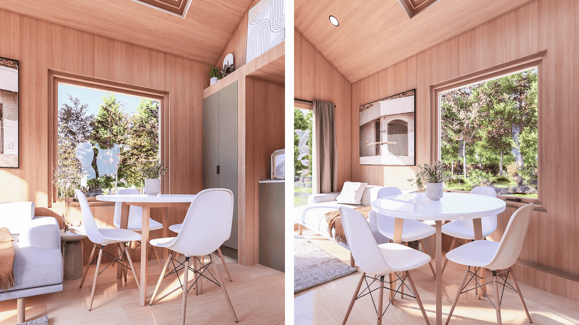 Green Tiny House with loft features a space for dining for up to 4 guests. The dining room sits under the beautiful feature skylight for extra ambiance and natural lighting.