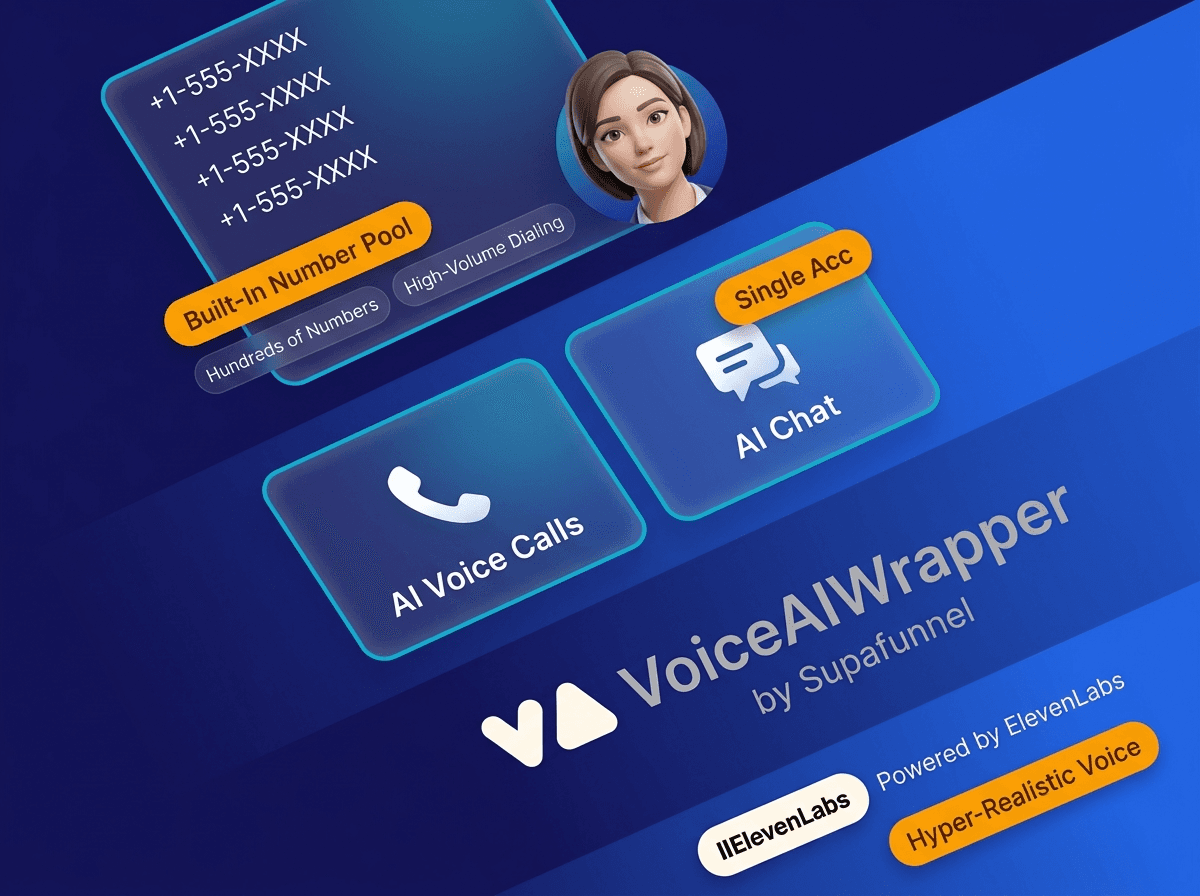 VoiceAIWrapper split feature showing built-in number pool for high-volume dialing, AI voice calls, AI chat in a single account, powered by ElevenLabs | VoiceAIWrapper.