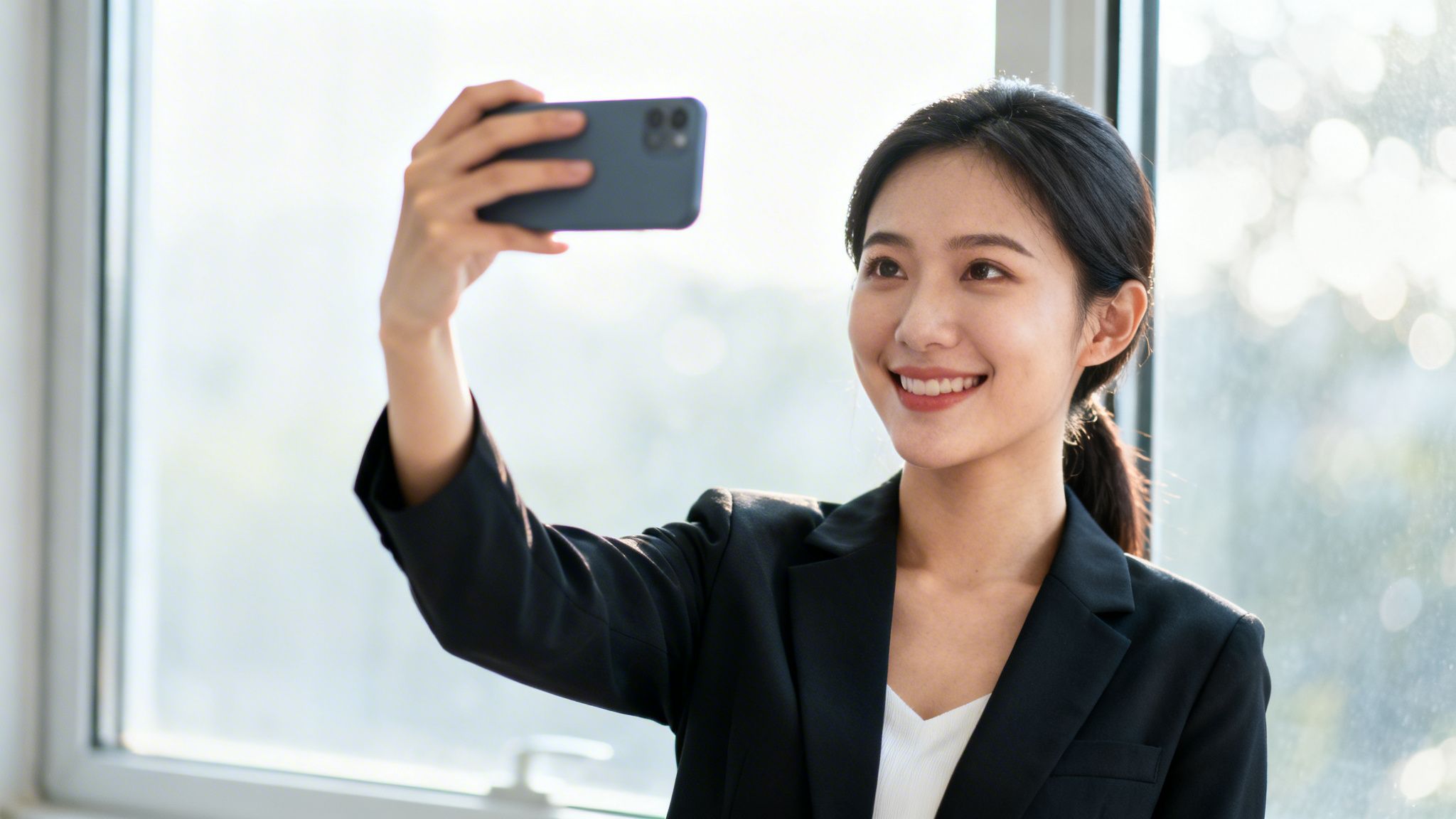 Lächelnde asiatische Frau im Blazer macht ein Selfie mit ihrem Smartphone vor einem hellen Fenster.