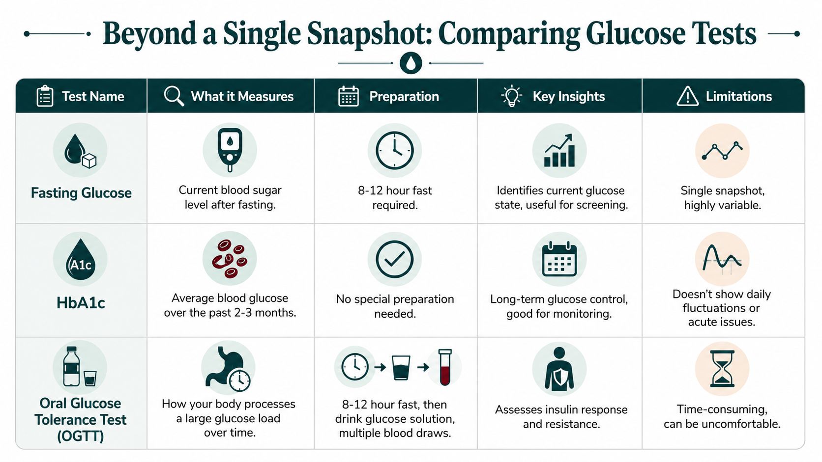 A comparison chart outlining the differences between Fasting Glucose, HbA1c, and Oral Glucose Tolerance blood sugar tests.