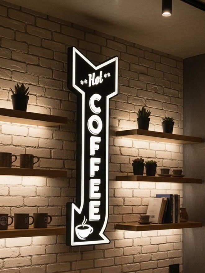 A vertical black and white LED arrow sign that says Hot Coffee, mounted on a white brick wall in a Calgary cafe.