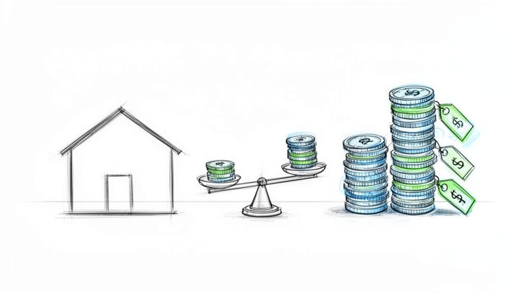 A sketch showing a house, a balancing scale with coin stacks, and tall coin stacks with dollar price tags.