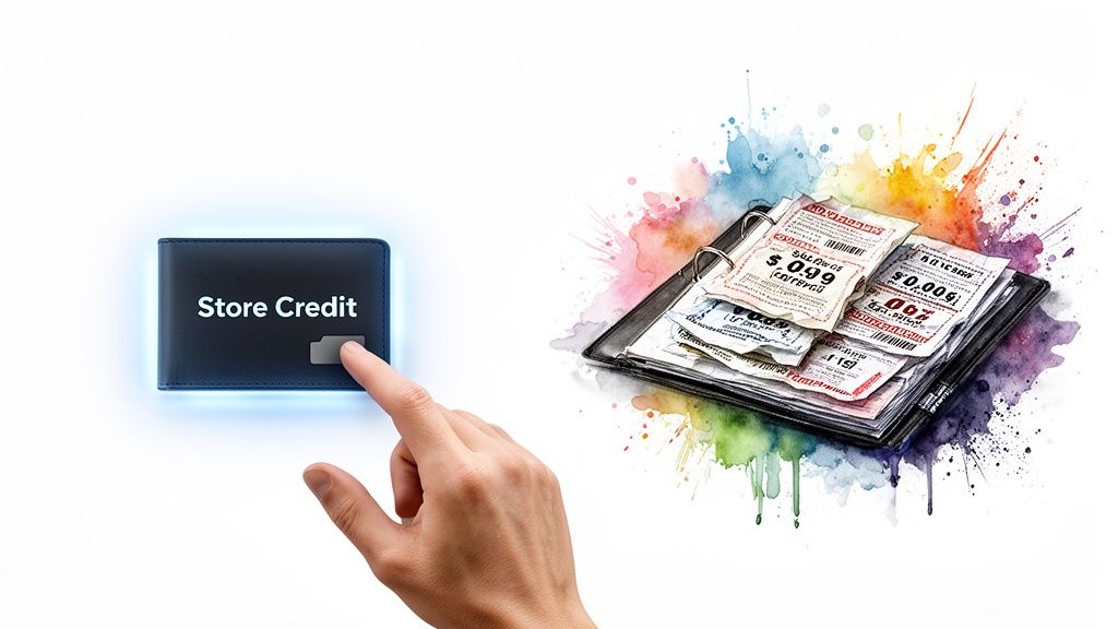 A hand interacts with a glowing 'Store Credit' digital wallet, next to a binder of paper discount coupons.