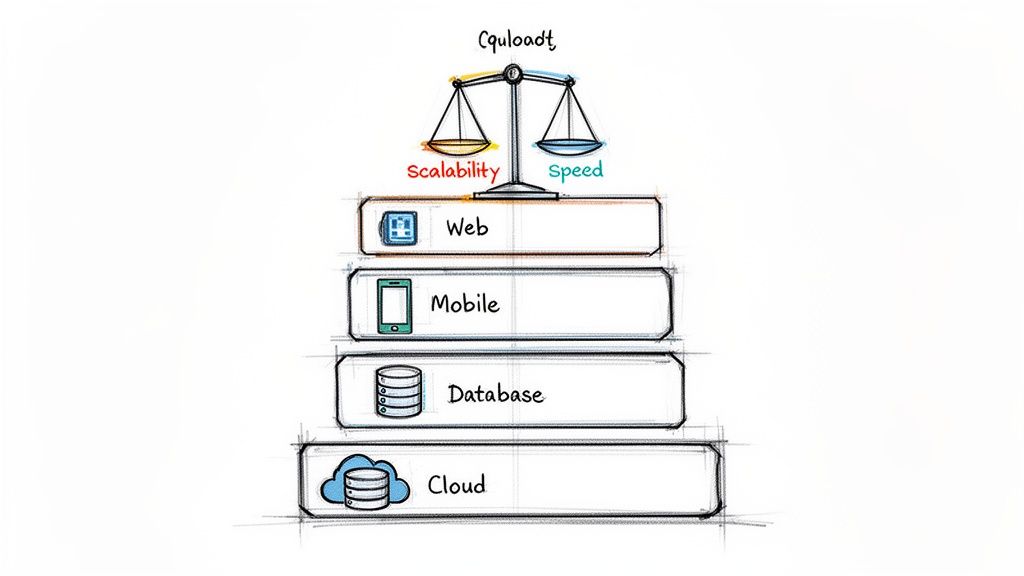 A diagram illustrating a balance scale with scalability and speed, above a tech stack of Web, Mobile, Database, and Cloud.