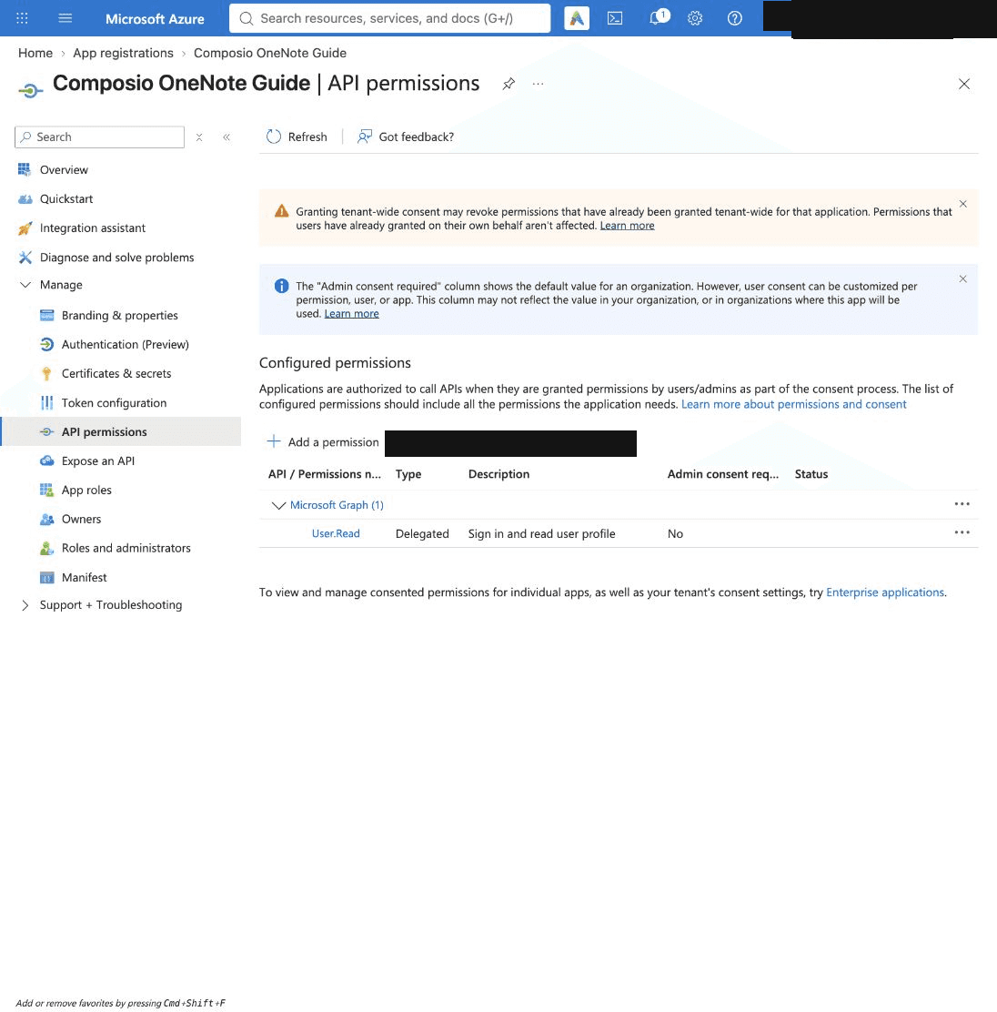 API permissions page