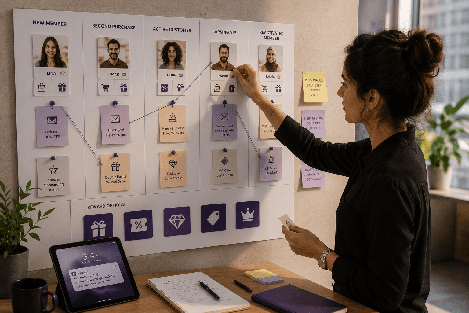 Marketing specialist arranging customer segments and lifecycle stages for personalized loyalty campaigns.