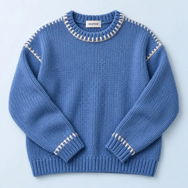 Cornflower-blue Contrast Knit with cream whipstitch seams, fully framed on a pale blue background