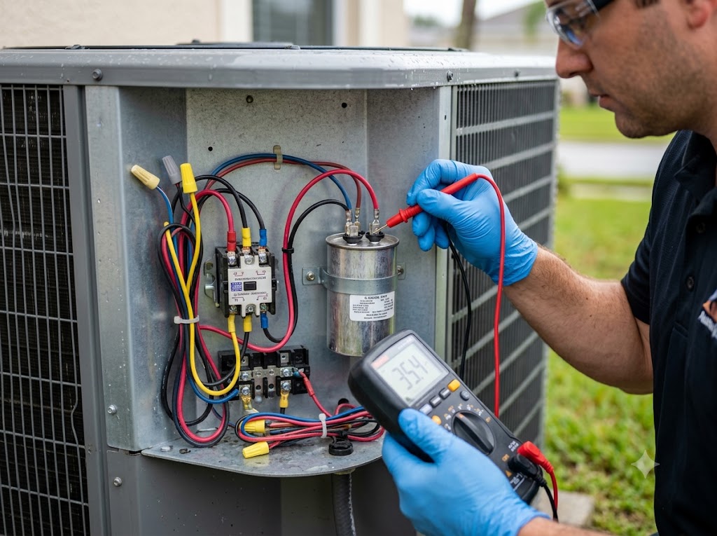 Technician testing an air conditioner capacitor with a multimeter inside an outdoor condenser unit