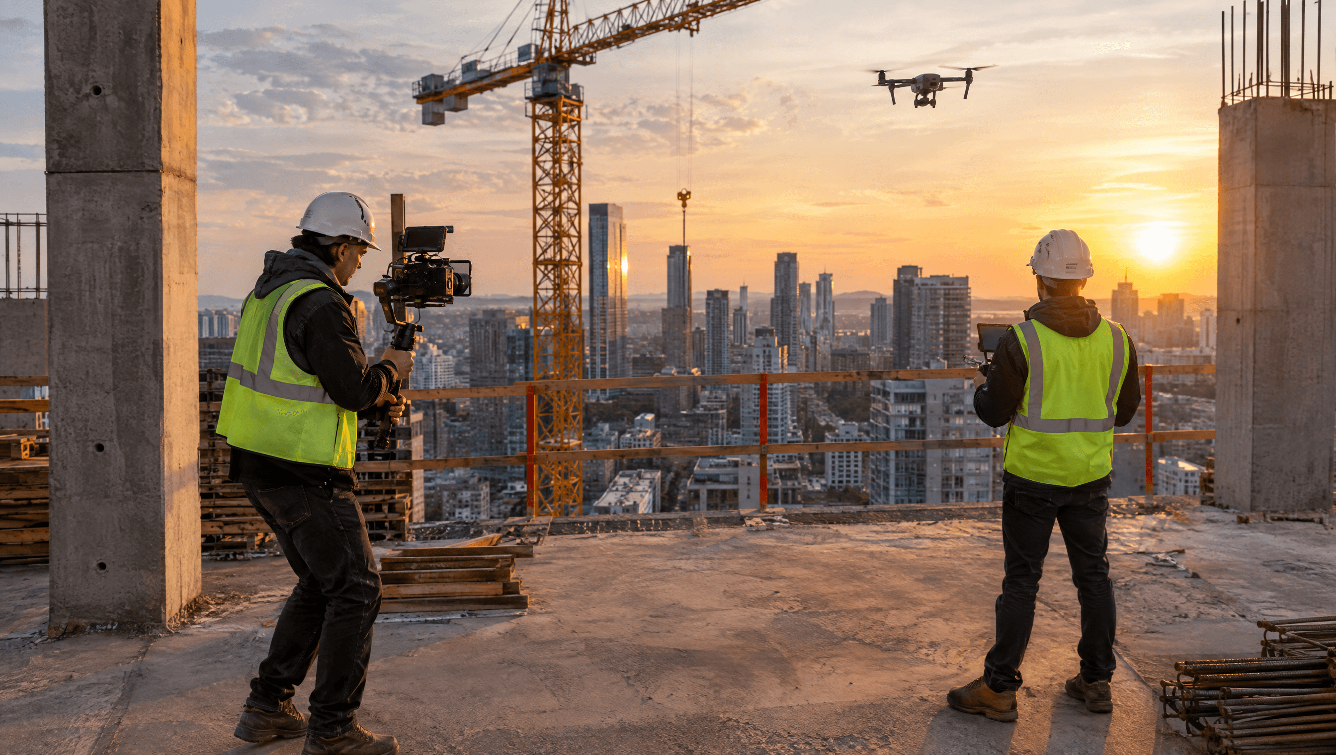 Film crew with a cinema camera and a drone on a high-rise construction site at golden hour