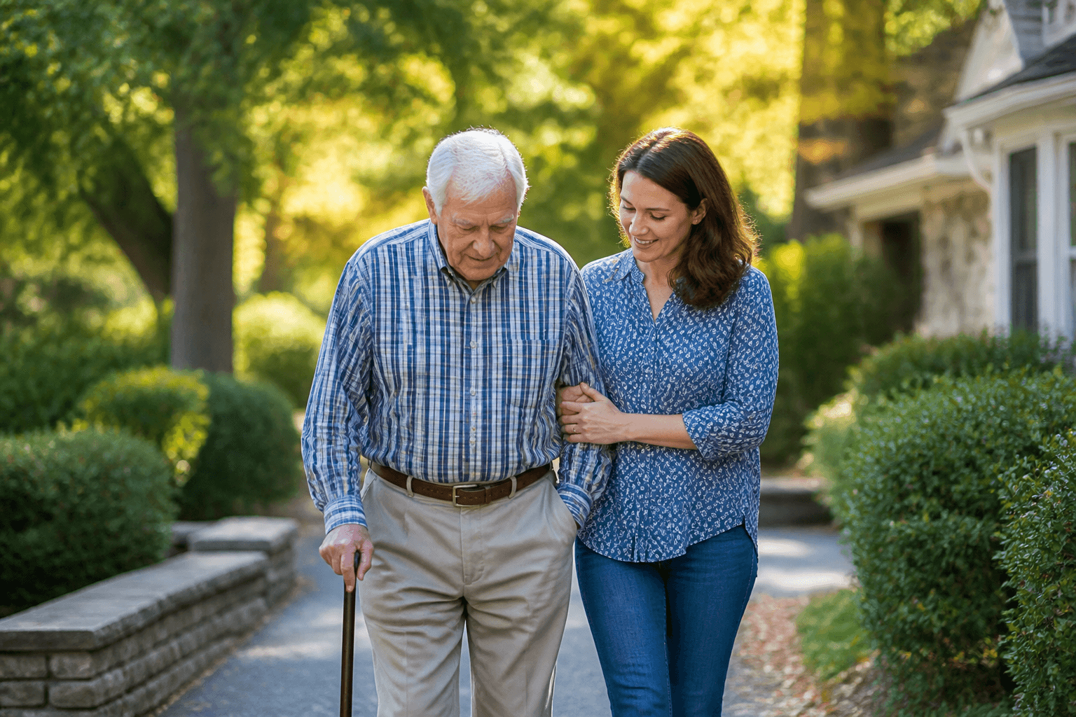 This image depicts a middle-aged woman supporting an elderly man as they walk together outdoors along a garden pathway. The elderly man, using a walking cane, is dressed in a plaid shirt and light-colored pants, while the woman is casually dressed and smiling warmly. The setting features a lush green background with trees and bushes, suggesting a peaceful, residential environment. The image conveys themes of caregiving, companionship, elder support, and outdoor activity, making it suitable for use in healthcare, senior care, or family support contexts.
