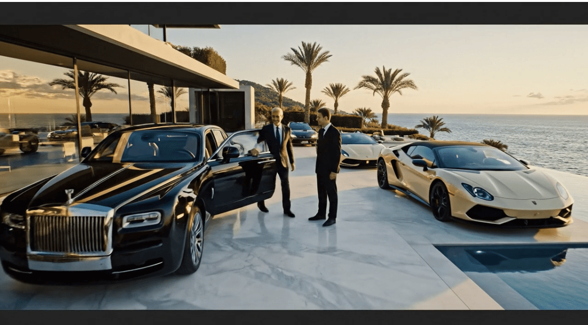 Chauffeurfahrzeug vor eleganter Hotelarchitektur bei Tageslicht
