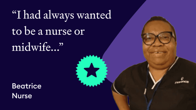 Testimonial graphic featuring nurse Beatrice with a quote about wanting to become a nurse or midwife.