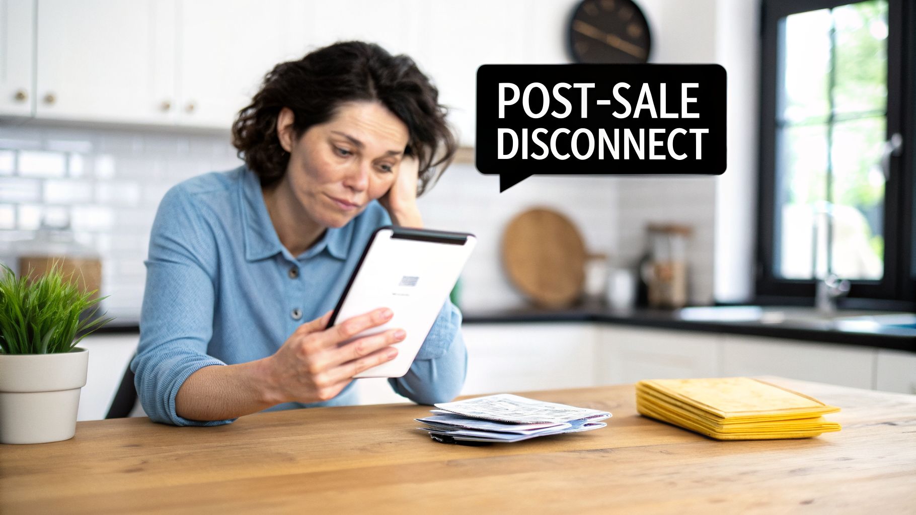 Woman looking at a tablet, frustrated by post-sale disconnect issues, with documents on table.