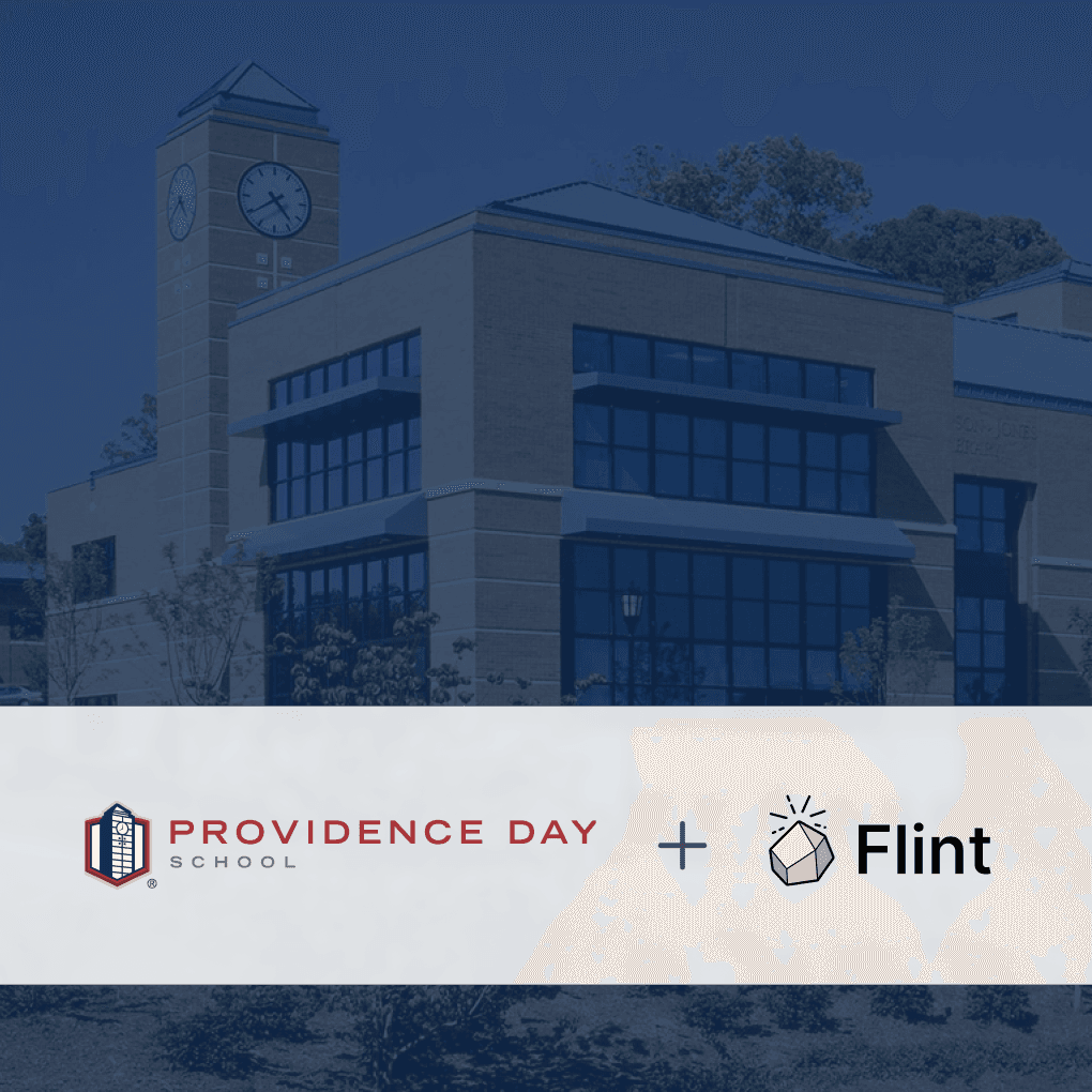 Providence Day School logo plus Flint logo on top blue picture of campus building.