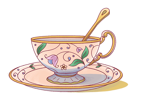 An illustration of an ornate teacup and saucer