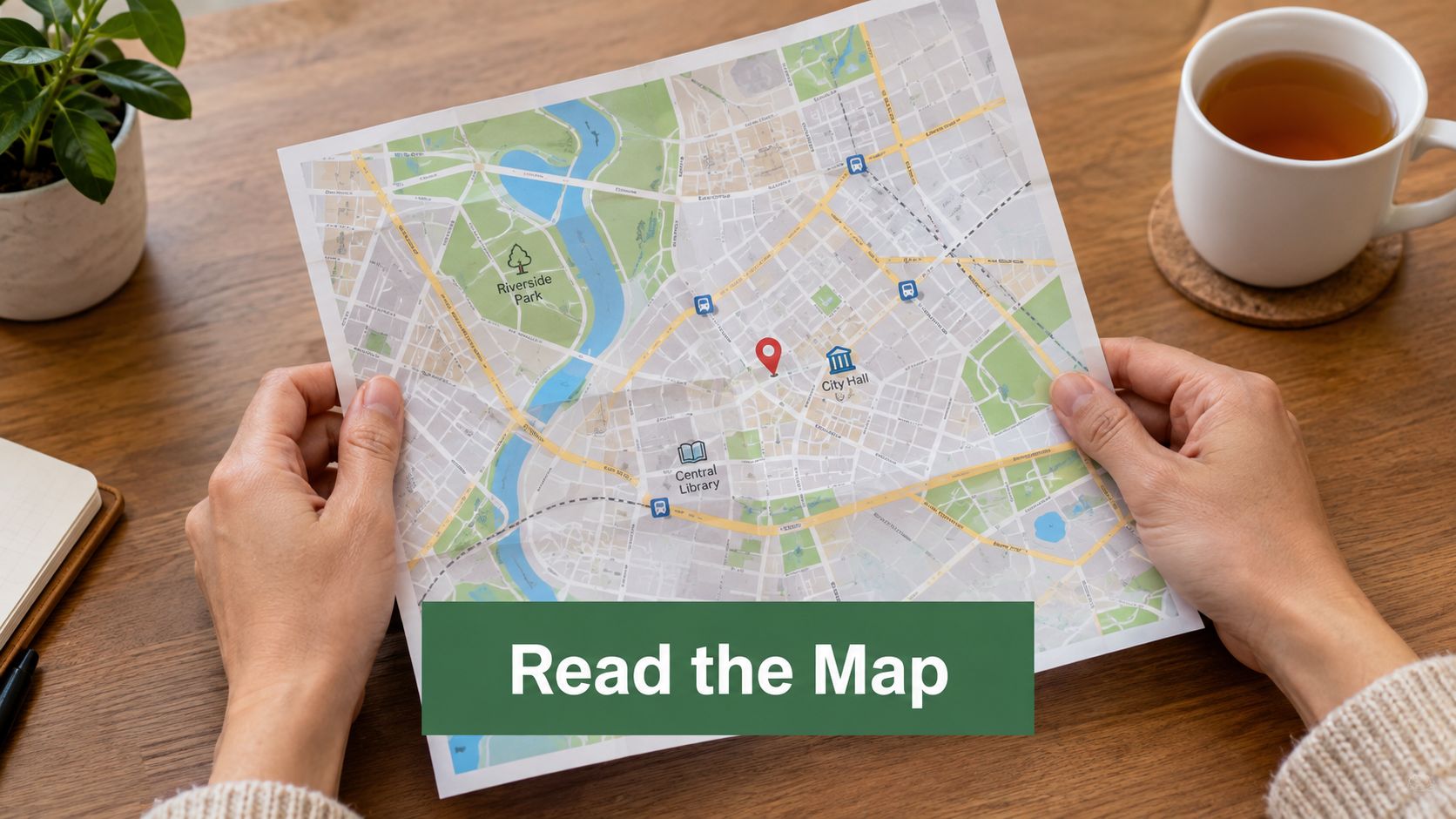 A person holds a paper map showing a city layout with park, library, and landmark icons.