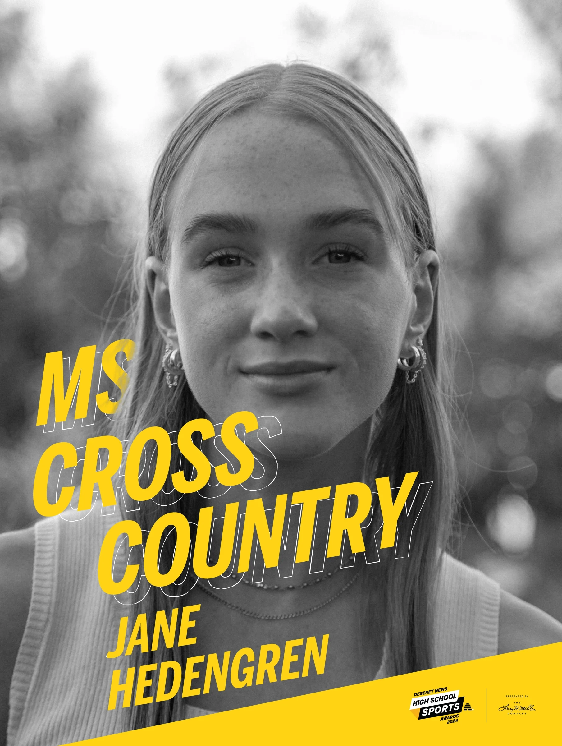 Jane Hedengren — Ms. Cross Country poster, with monochrome photography and angled yellow typography