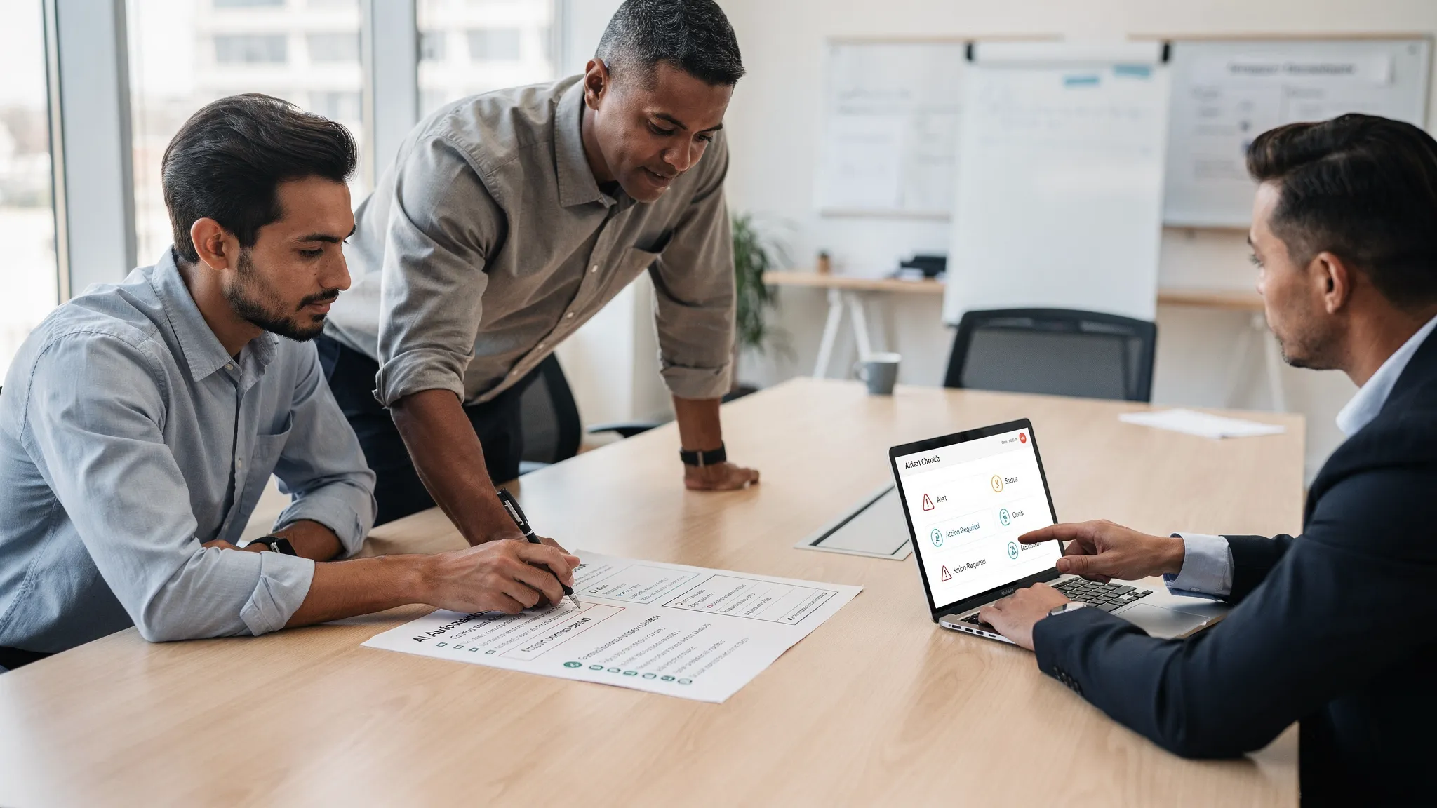 A small B2B operations team in an office reviewing an AI automation checklist on paper while one person points at a laptop screen showing simple alert notifications; the laptop screen faces the viewer and shows only generic icons and text.