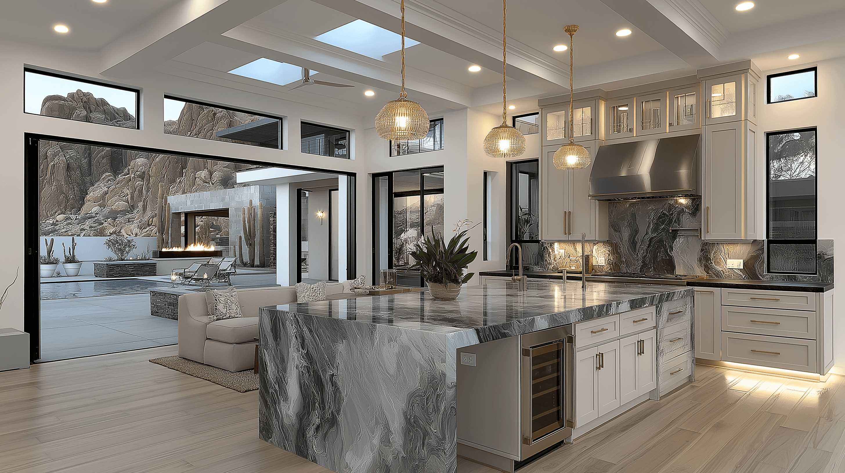 Modern open-concept kitchen featuring a large marble island, gold pendant lights, and sliding glass doors that fully open to an outdoor pool and desert rock landscape.