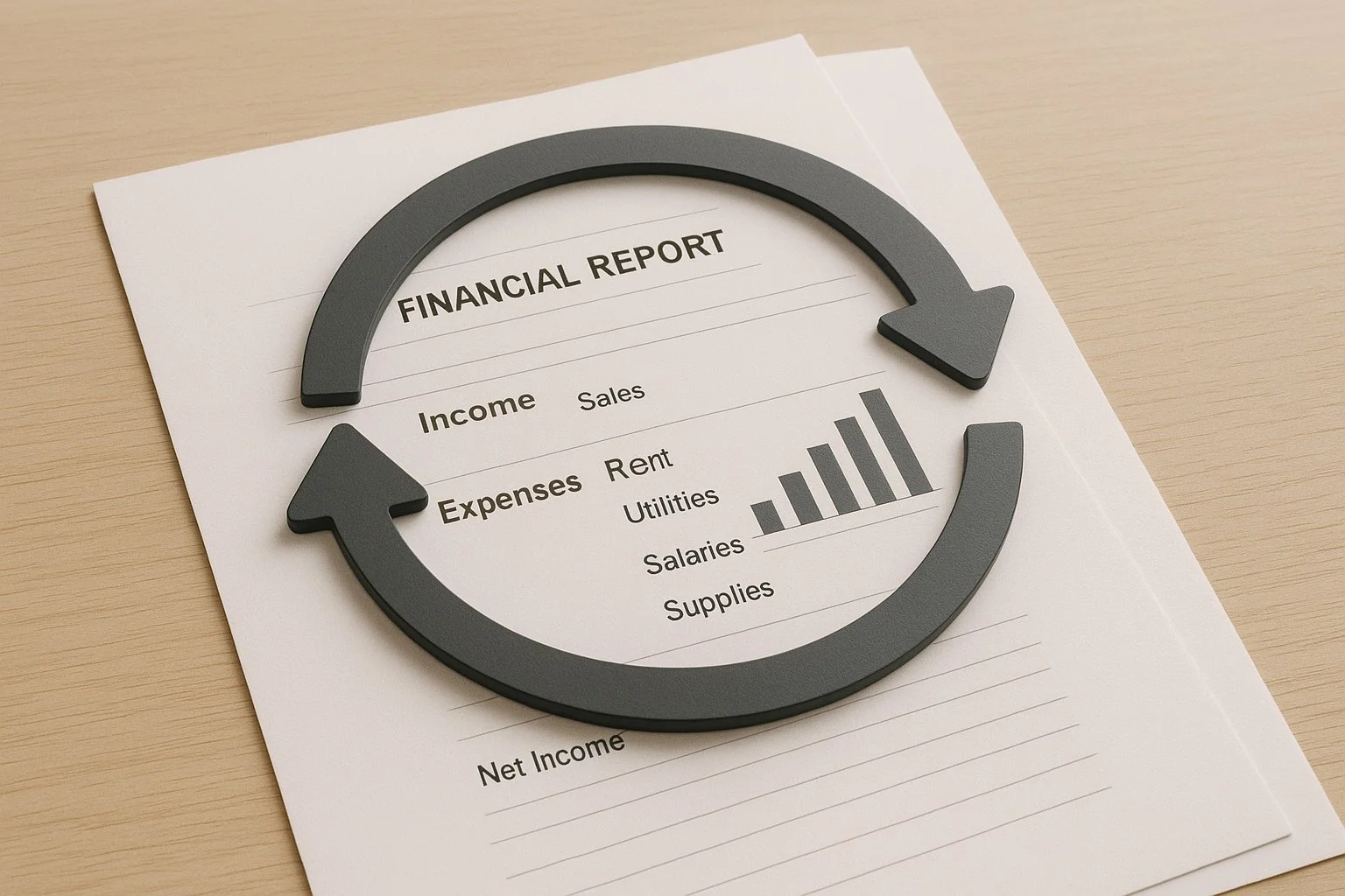 Circular arrow surrounding financial documents, symbolizing yearly review and reevaluation.