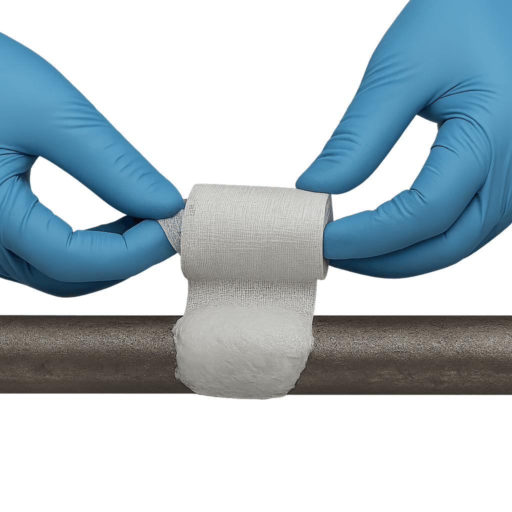 Enrolando fita de reparo em cano de PVC para vedação completa de vazamento