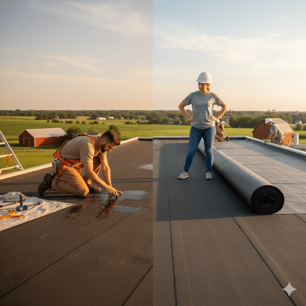 A bird sitting on top of a roof next to a building