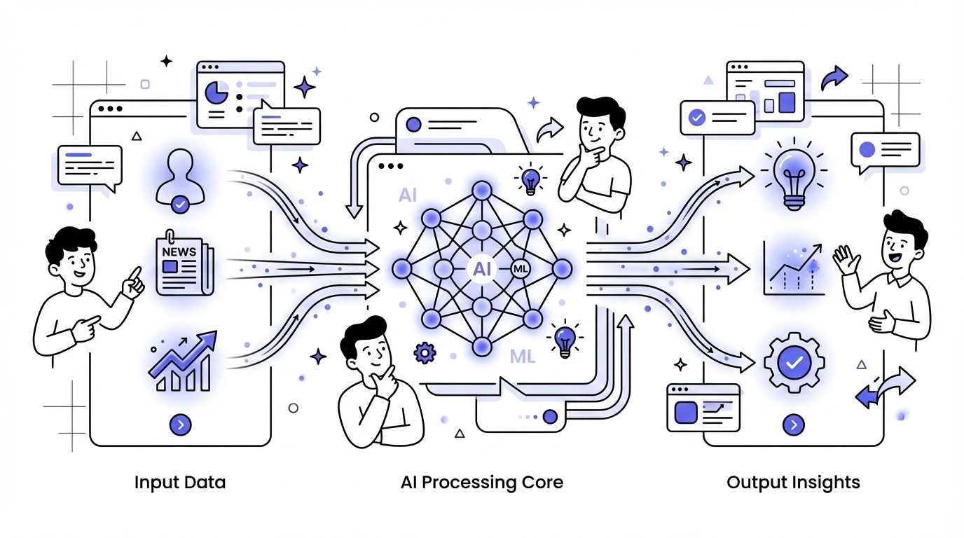 A modern, tech-themed diagram showing the AI process from left to right. It starts with 'Input Data' represented by profile, news, and trend icons. Data flows into a central, glowing 'AI Process' core, depicted as a complex neural network. From the core, data flows out to 'Output Insights', shown as a lightbulb, a graph, and a gear icon.