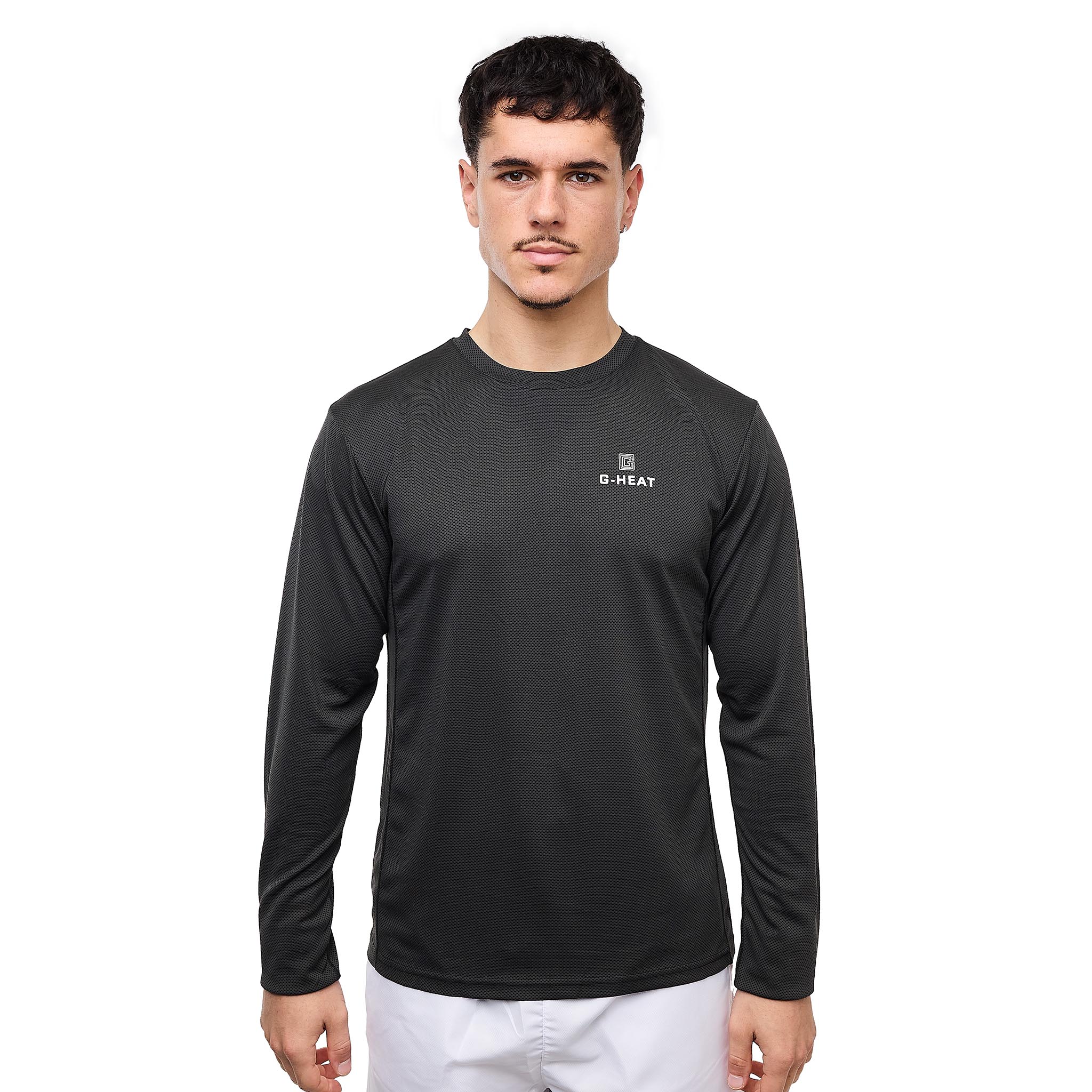 Black G-Heat long-sleeve cooling T-shirt worn from the front by a man, white background