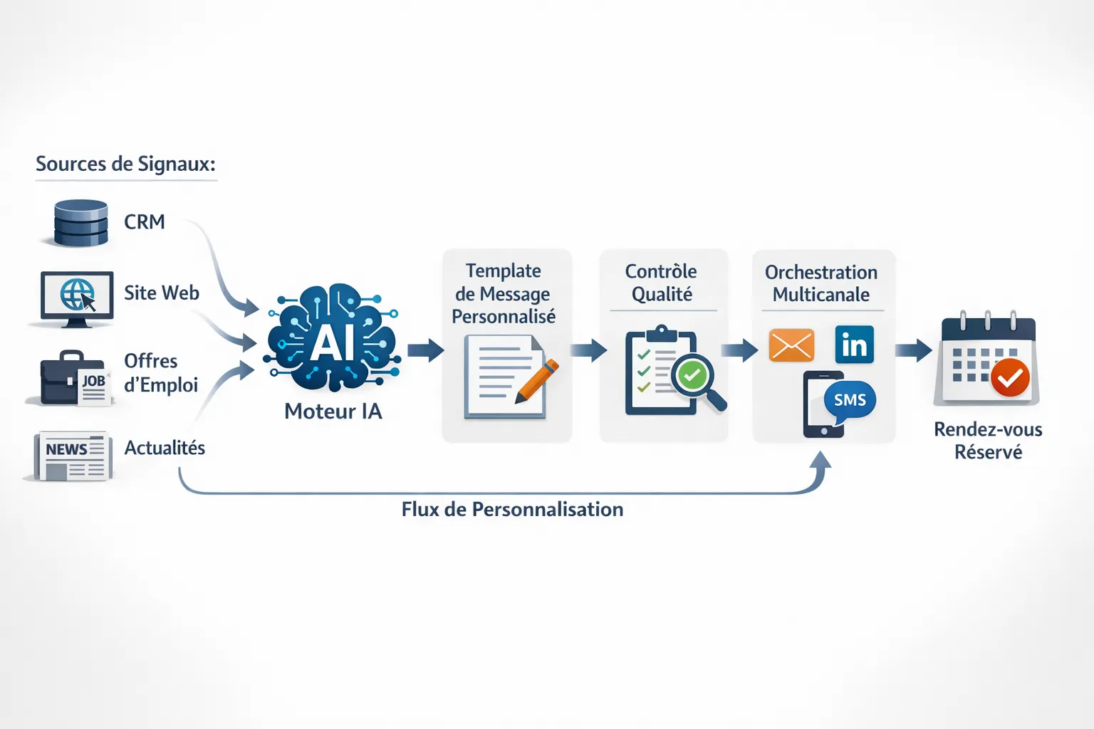 Schéma simple montrant le flux de personnalisation: sources de signaux (CRM, site web, offres d’emploi, actualités) vers un moteur IA, puis application dans un template de message, contrôle qualité, et orchestration multicanale (email, LinkedIn, SMS) aboutissant à la réservation de rendez-vous dans le calendrier.