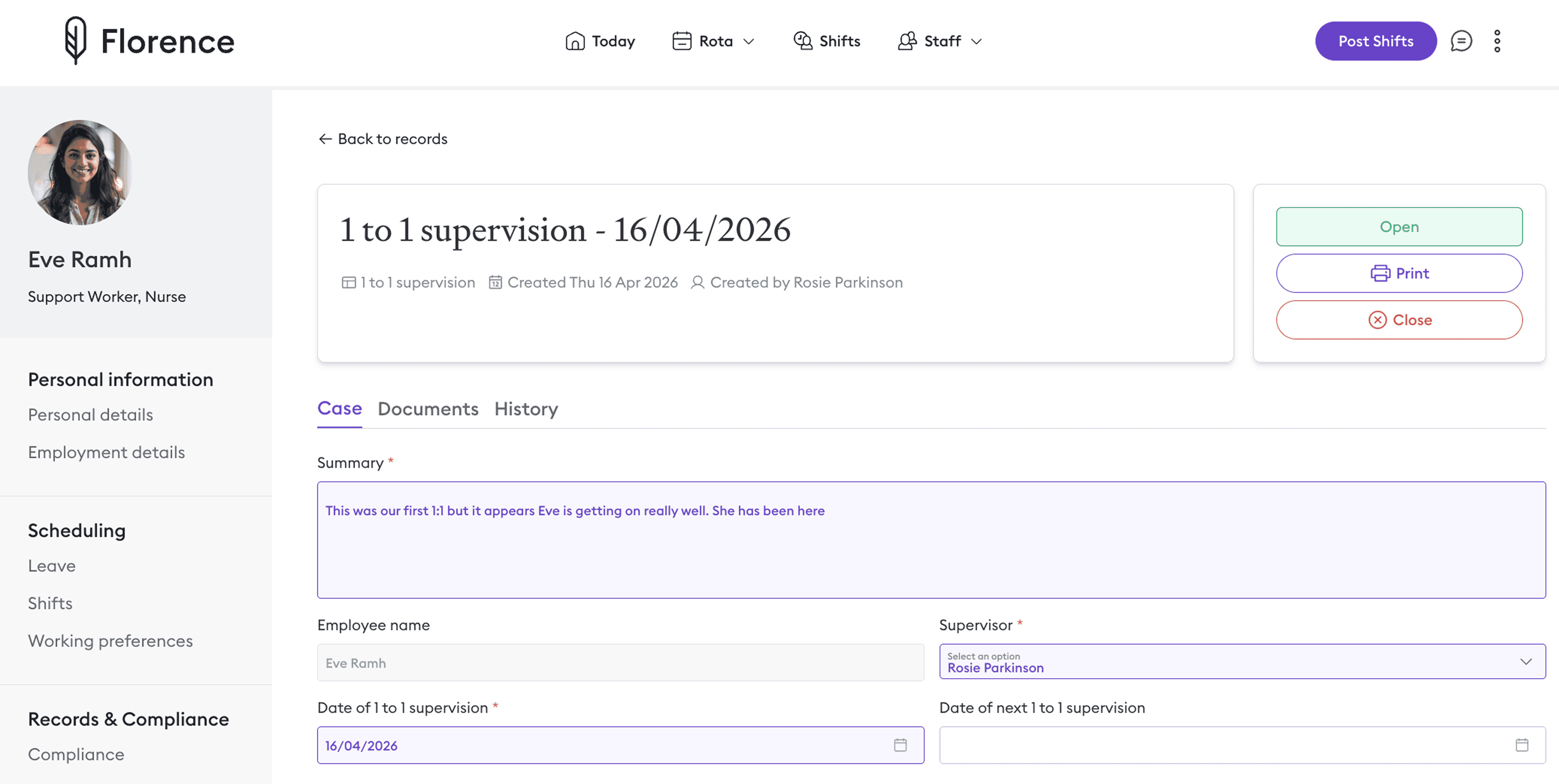 Florence supervisions view