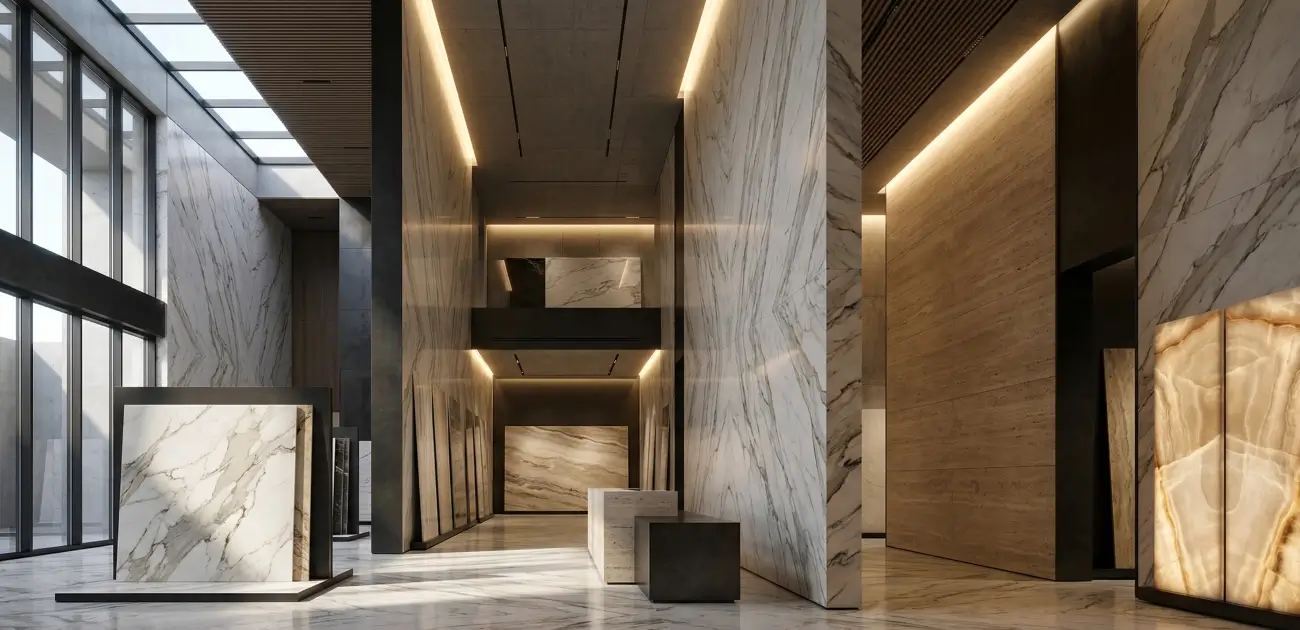 Μεγάλα πλακάκια και slabs σε πολυτελές showroom με marble επιφάνειες και κρυφό φωτισμό