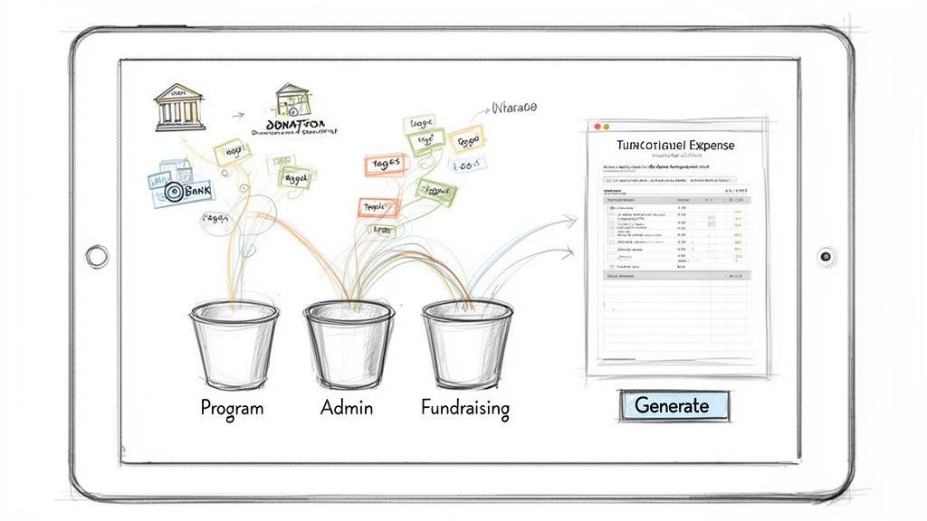 A tablet displays a diagram of funds flowing into program, admin, and fundraising buckets, with an expense statement.