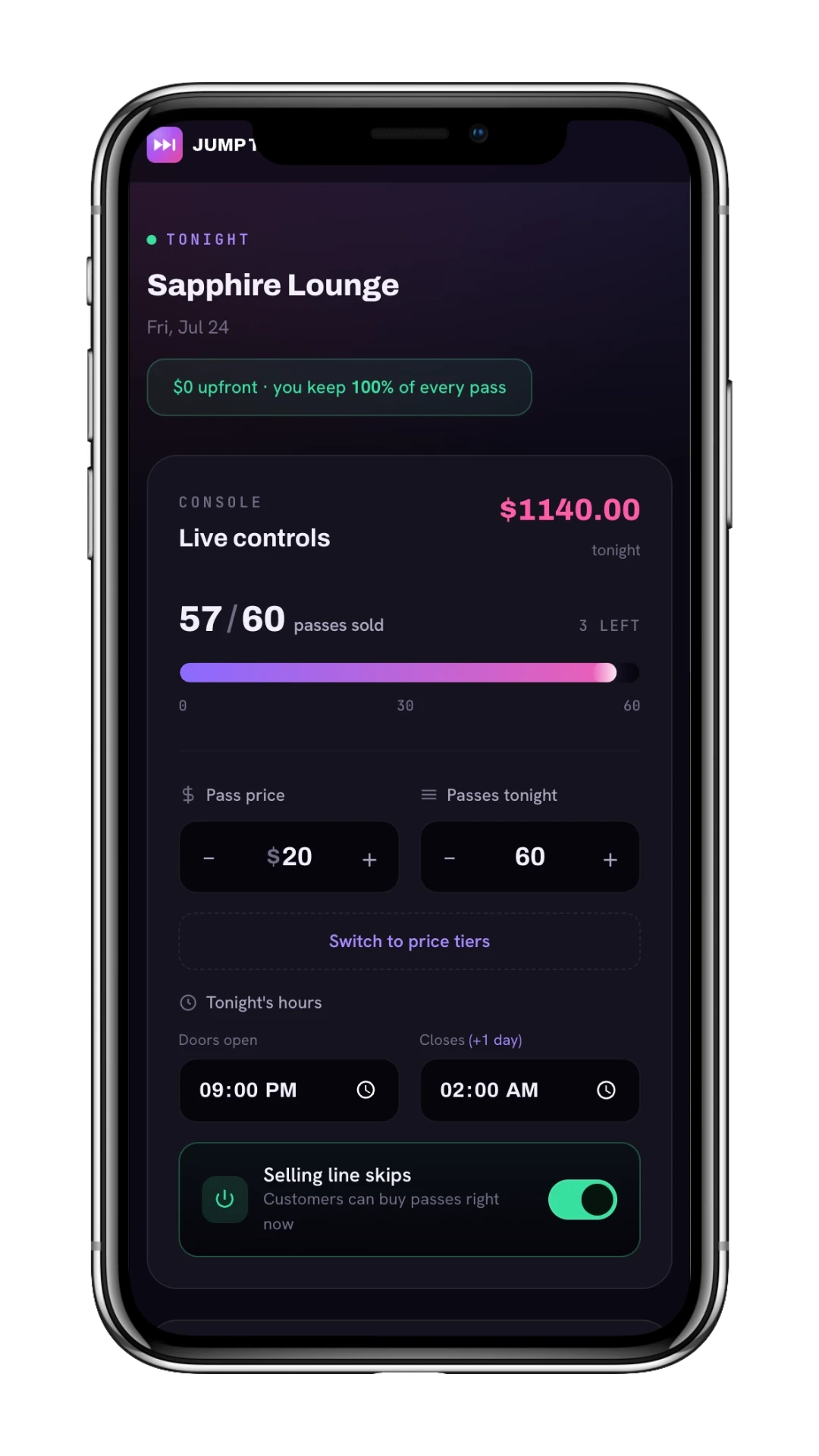 Jump The Line mobile venue dashboard mockup