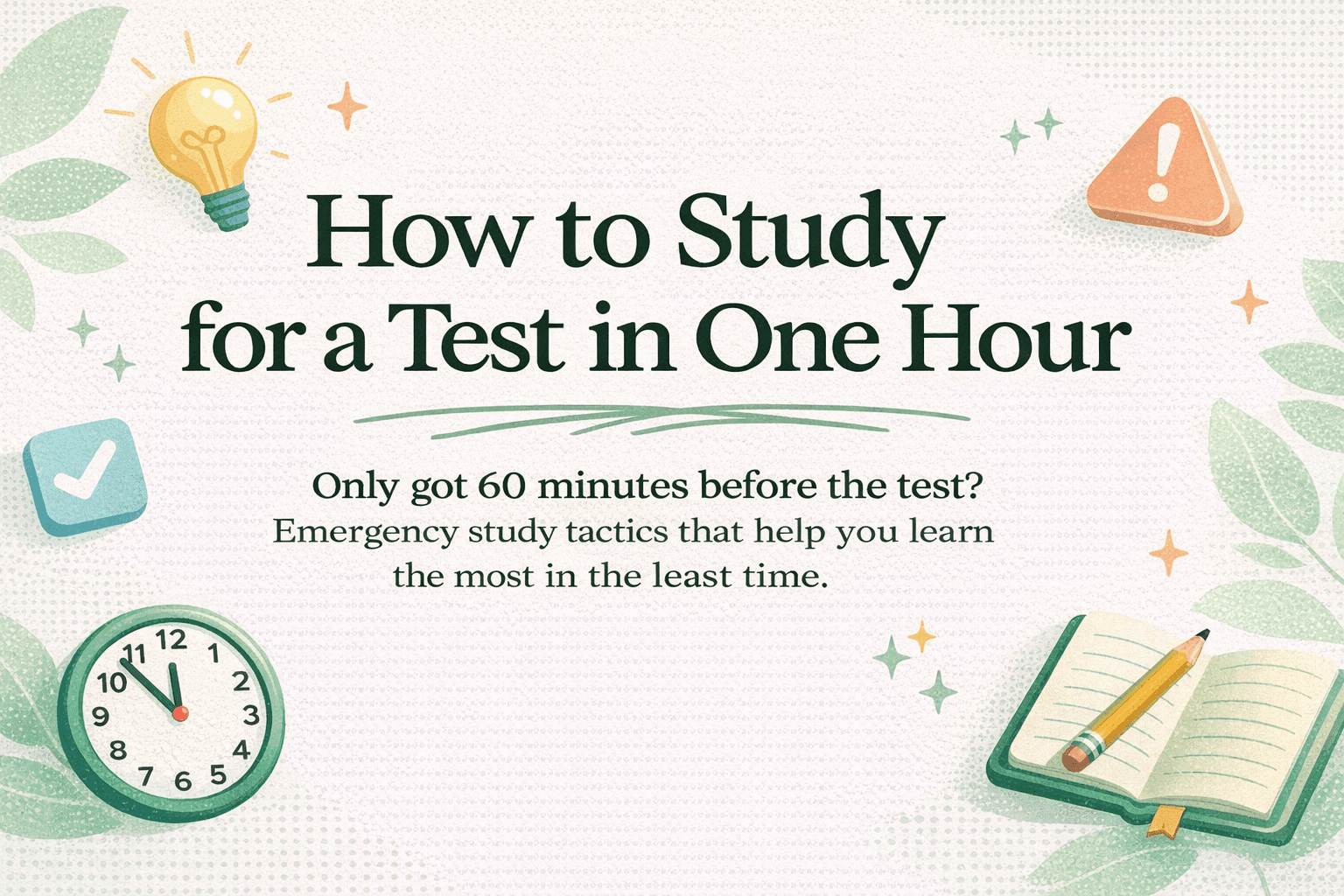 A minimalist poster that says “How to Study for a Test in One Hour”, with a clock, lightbulb, warning icon, and open notebook.