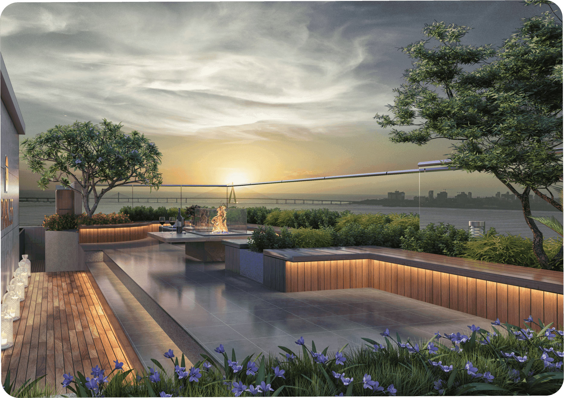 Wooden bench in sunlight with geometric shadows on floor.
