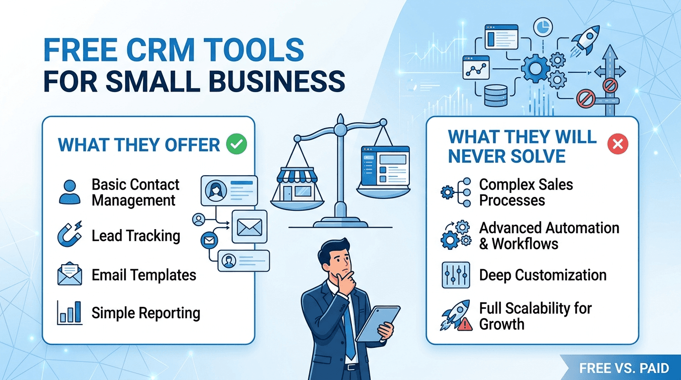 Equipo de una pyme utilizando un CRM gratuito para gestionar leads, clientes y oportunidades comerciales mientras evalúa sus limitaciones