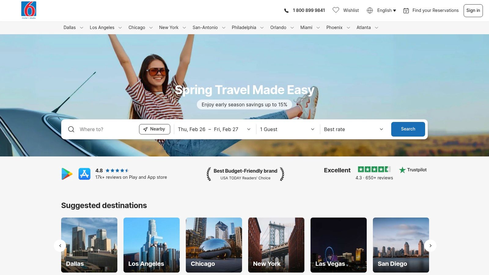 A screenshot of the Motel 6 website homepage, showing a clean, modern design with a search bar for finding locations.