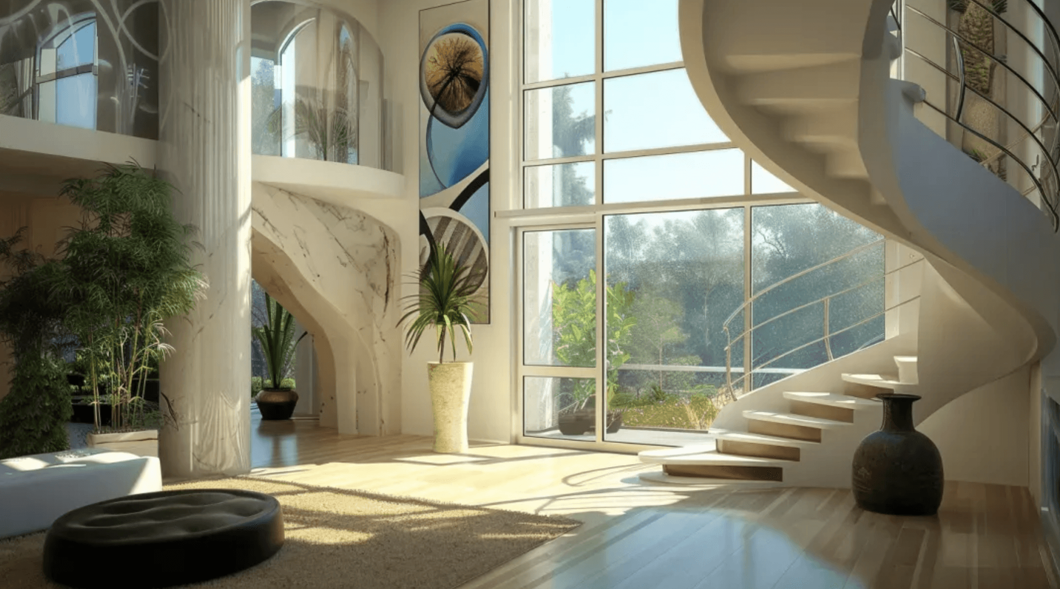 Elegant curved foyer with spiral staircase, double-height windows, and Mediterranean architectural details