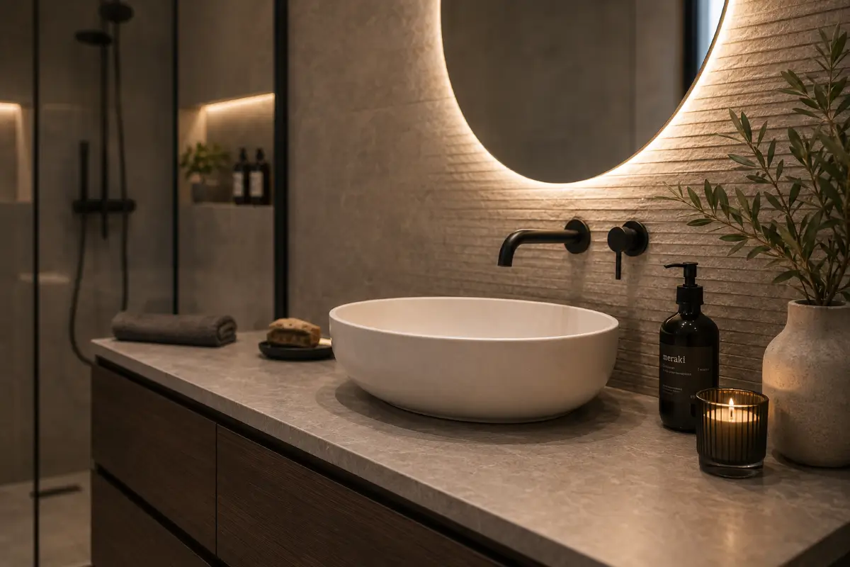 Minimal luxury λεπτομέρεια ανακαίνισης μπάνιου με LED καθρέφτη, μαύρη μπαταρία και premium υλικά στα Μεσόγεια