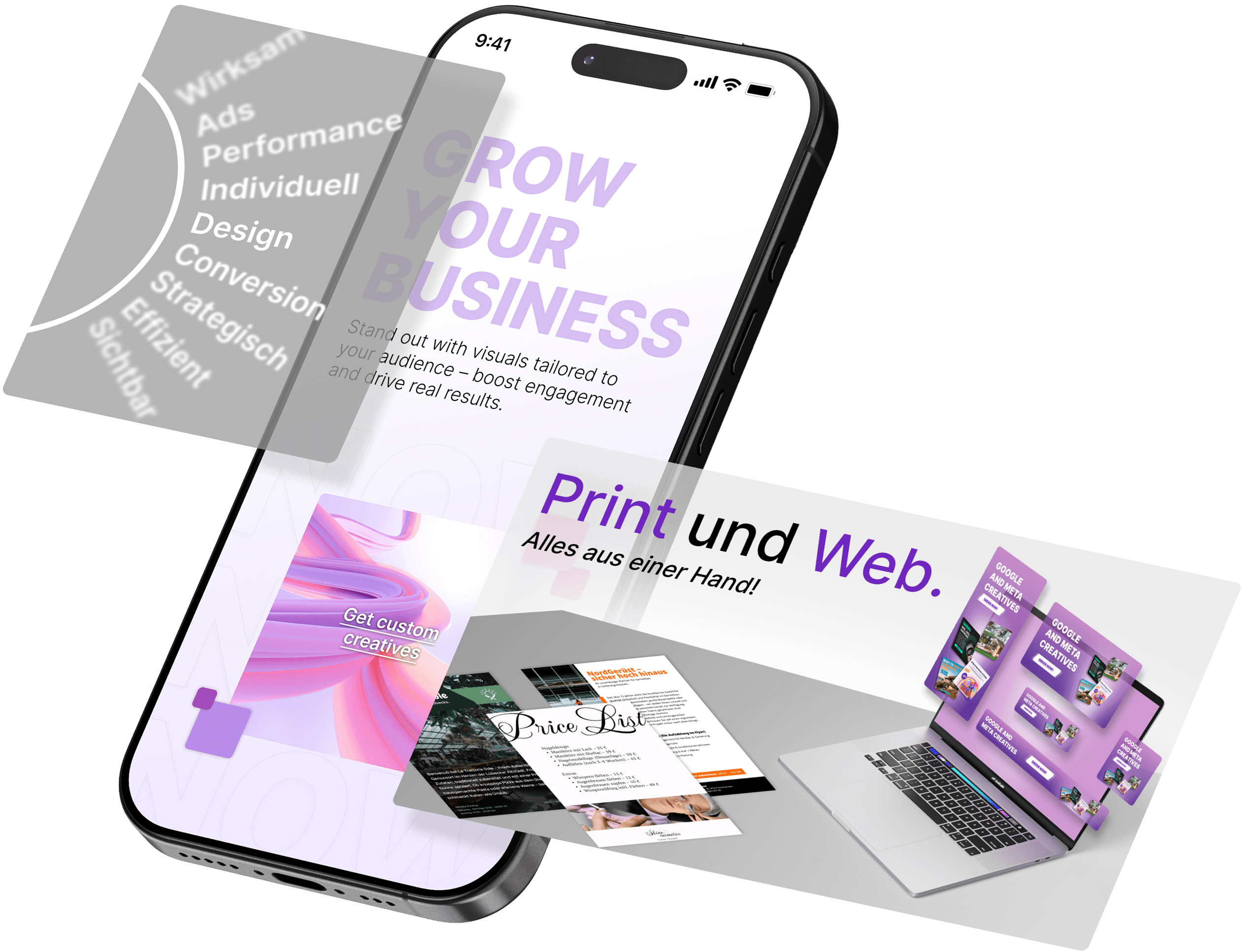 Smartphone mit zwei beispielhaften Ad Creatives für Social Media Werbung