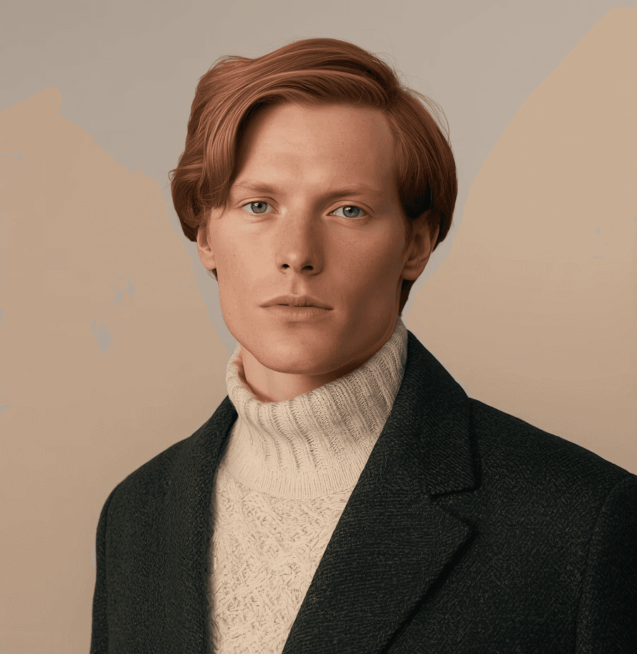 A person with short, light brown hair wears a dark green blazer over a cream cable-knit turtleneck. The pose is calm against a neutral background.