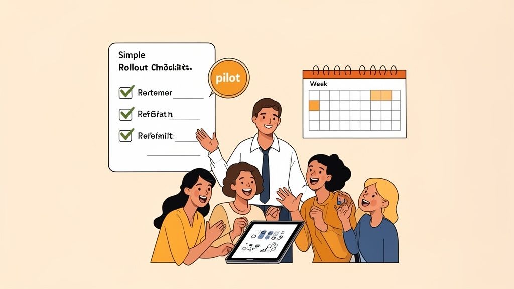 A diverse team collaborates on a simple rollout checklist for a pilot project, planning with a calendar.