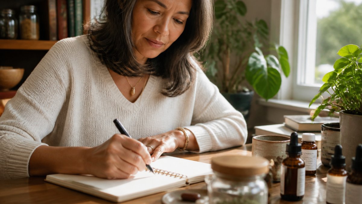 Professional woman in business attire sitting at desk with journal and pen, writing notes with focused expression, natural sunlight coming through window, calm workspace