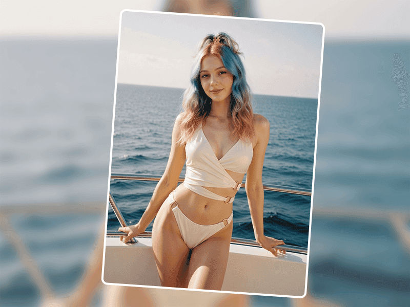 Alici test 3 — same blue-haired girl from Test 1, now on a yacht with open ocean behind her