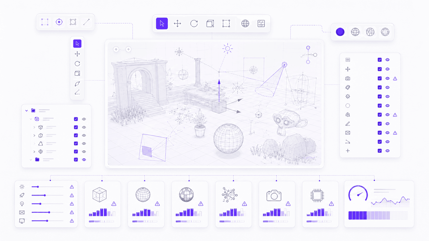 Illustration of Blender render settings with sample controls, render progress bars, loading indicators, and viewport preview