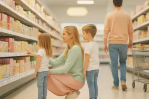 Mother teaching kids smart shopping habits in a grocery store aisle, showing them how to compare products while the father walks with the cart.