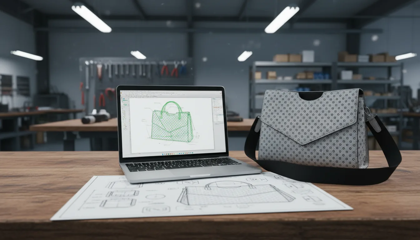 DSLR photograph of a product design process in a workshop. A silver laptop sits on a heavy wooden workbench, its screen displaying an AutoCAD software interface with a complex green vector pattern for a handbag. Next to the laptop is the physical product: a modern, light gray handbag made of a material with a dense pattern of small circular perforations and a black strap. A large paper schematic of the design is laid out in front of the laptop. The background is a blurred bokeh view of the workshop, with industrial shelving and tools. The scene is lit by overhead fluorescent lights, creating a bright, functional atmosphere with a shallow depth of field and sharp focus on the laptop and handbag.